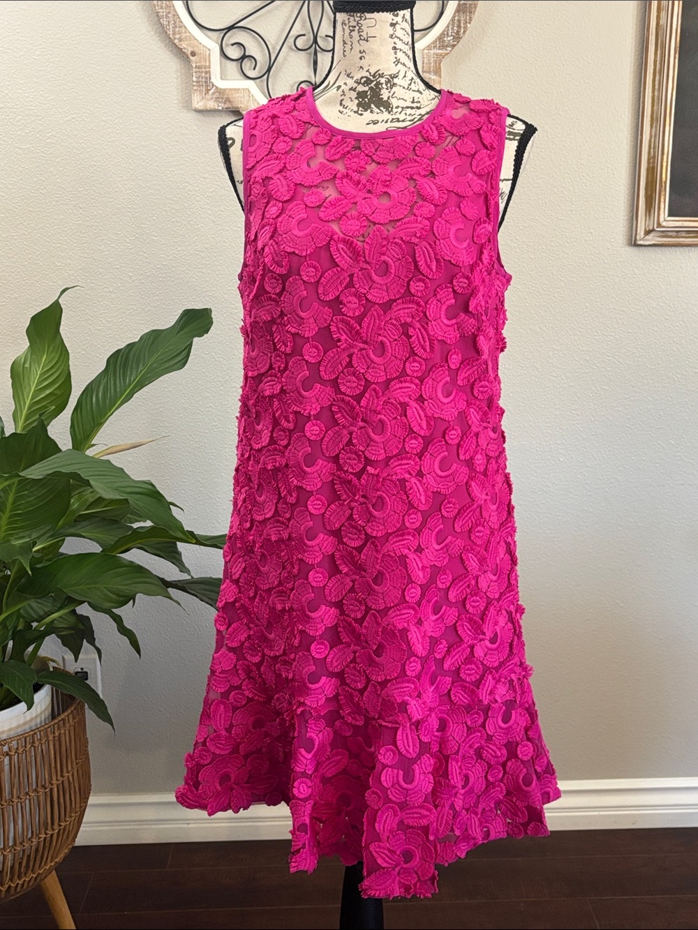 Trina Turk Bright Fuchsia Floral Lace A-Line Dress